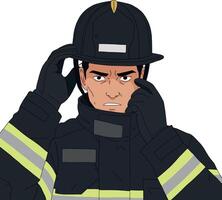 Firefighter adjusting his helmet in a flat illustration showcasing bravery and readiness for action vector