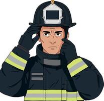 Firefighter adjusting helmet in detailed flat art style showcasing bravery and readiness for action vector