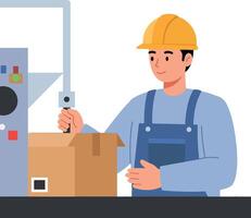 Worker in blue overalls operating machinery with a yellow hard hat in a minimal illustration vector