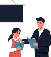 Teacher and student engaging in discussion while holding books in flat art vector