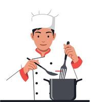 Chef in white uniform cooking with utensils in a minimal and clean style illustration vector