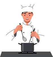 Chef stirring a pot with enthusiasm in a flat illustration style vector