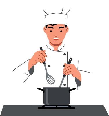 Chef stirring a pot with enthusiasm in a flat illustration style