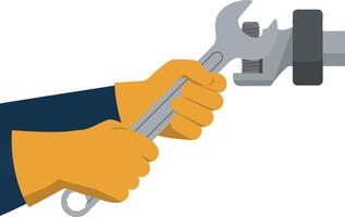 A hand holding a wrench in a flat design style showcasing a tool for maintenance art vector