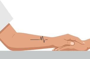 Human hand reaching out to another with heartbeat line design in flat art vector