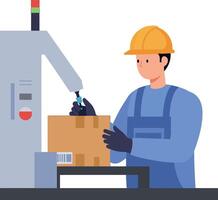 Worker in blue overalls with yellow hard hat using machinery to package boxes in flat art vector