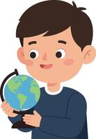 A cheerful boy holding a globe with enthusiasm in a flat illustration vector