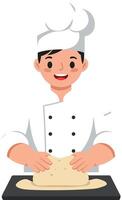 A cheerful chef kneading dough on a black countertop in minimal art vector