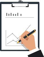 Hand holding pen writing on clipboard with graph in flat art vector