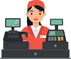 Cashier at a register counter with digital screens in flat illustration vector