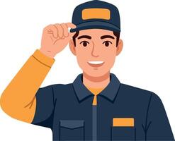 Friendly man in work uniform smiling and tipping his cap in a flat illustration vector