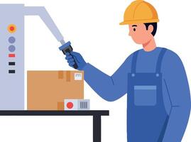 Warehouse worker scanning packages with a barcode reader in a minimal illustration vector