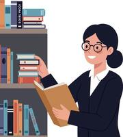Woman in a black suit smiling while holding a book near a bookshelf in flat art vector