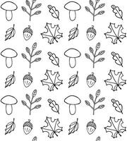 Seamless pattern of hand drawn doodle sketch autumn leaves mushroom and acorn isolated vector