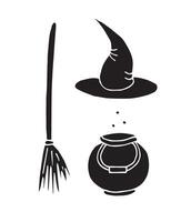Set bundle of hand drawn doodle sketch witch hat bowl and broom isolated on white background vector