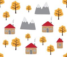 Seamless pattern of country houses and tree vector
