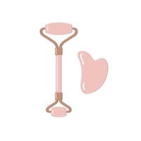 Flat cartoon rose quartz massage roller and gua sha isolated on white background vector
