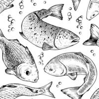 Seamless pattern of hand drawn fish swimming in various directions. This black and white vintage style illustration captures a dynamic underwater scene, for textiles, packaging and backgrounds vector