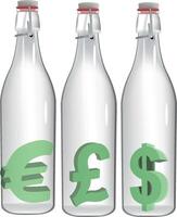 Three bottles with dollar, euro and pound symbols vector