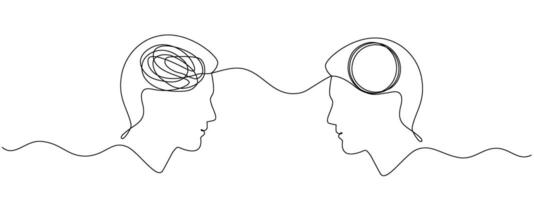 Two heads one with a tangled mind the other with an unraveling thread of thoughts drawn in one continuous line. Concept of chaos and order in thoughts, psychotherapy. editable illustration vector