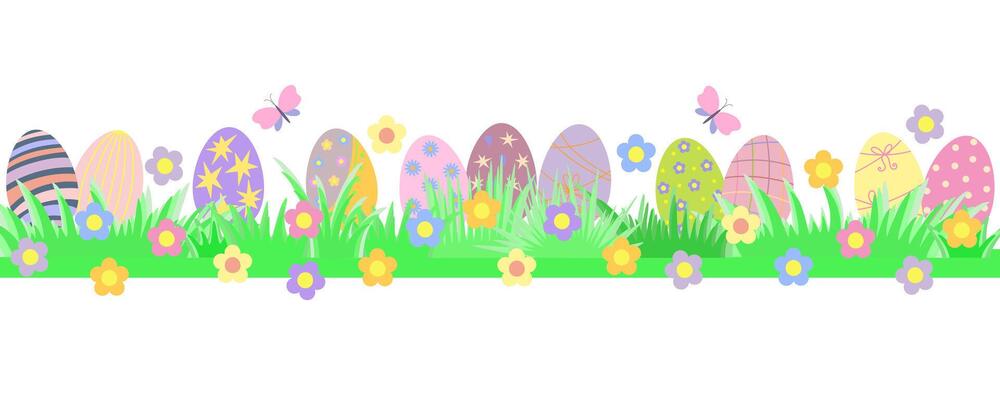 Easter eggs banner with cute flowers, butterfly, doodle grass festive spring meadow pattern horizontal border, hand drawn illustration traditional celebration decor for card, poster, invitation