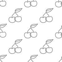 Cherry fruit seamless pattern. Single line illustration. Line art double Cherry. One line Cherry texture. Outline berry isolated on white background. Textile, fabric, texture design vector