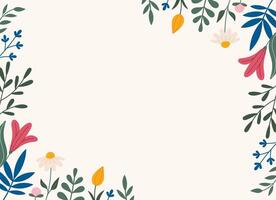 Decorative frame, border with flowers - tulip, leaves, lilies. . Doodle style. Horizontal Copy space, design template. Hand drawn spring and summer flowers and foliage vector