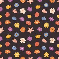 Seamless pattern with cute colors. Small flowers on black background. Botanical packaging, fabric swatch pattern vector