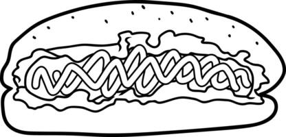 Outline Drawing Of A Hot Dog In Bun With Sauces And Lettuce vector