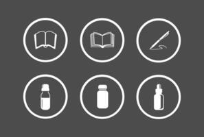 Knowledge icon set, open book, writing pen, medicine bottles vector