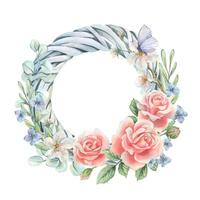 Spring wreath made of vine with flowers roses, hydrangea, apple tree and butterfly. Watercolor illustration hand drawn in soft pastel colors. Round frame, wreath, template isolated from background. vector