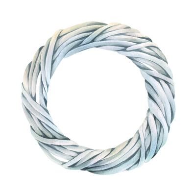 Round wreath of twisted vine branches in light grey and white, base for floral bouquets and frames. Hand-drawn watercolor illustration. Separate element isolated from background.