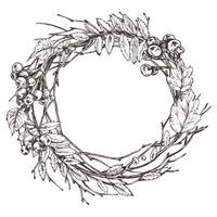 Autumn berries chokeberry, rowan leaves, maple, birch, tree branches and ladybugs. For decorating summer, autumn. Graphic line art hand drawn with black ink. Round wreath, frame, template for text. vector