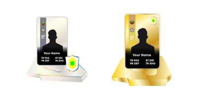 Two customizable football player cards with statistics on a pedestal. Digital illustration of silver and gold rating cards featuring silhouette, national flag, and shield icon vector