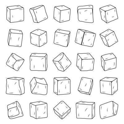 Ice cubes set, sketch of crystal cubes, freeze water for cocktail, beverage, lemonade for cooling