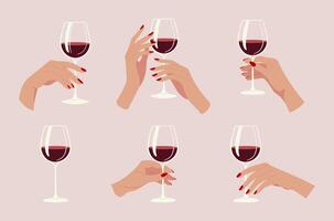 A set of six images of women holding wine glasses with their hands. The images are all in the same style and have a similar mood vector