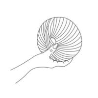 Knitting icon, female hand with hook and thread. Line art, sketch vector