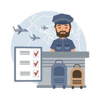 Customs control, customs officer, luggage, declaration against the background of the planet and airplanes. vector