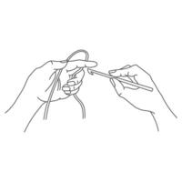 Knitting icon, female hands with hook and thread. Line art, sketch, clip art. vector