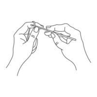 Knitting icon, female hands with hook and thread. Line art, sketch, clip art vector