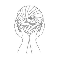 Knitting icon, female hands with hook and thread. Line art, sketch vector