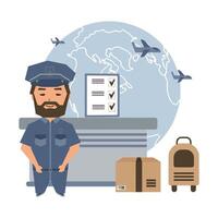 Customs control, customs officer, luggage, declaration against the background of the planet and airplanes. Illustration vector