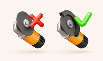 Safe grinder usage concept with correct and incorrect examples. Workplace safety rules for power tools, noise control, and accident prevention. Industrial hazard awareness. 3D illustration. vector
