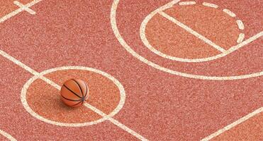 Basketball court and 3d basketball ball. Realistic textured surface. Orthographic view basketball and marked lines. Urban textured playground for games, practice, and athletics. illustration. vector