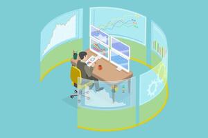 3D Isometric Flat Conceptual Illustration of Working Trader or Broker , Trading Market or Investment vector