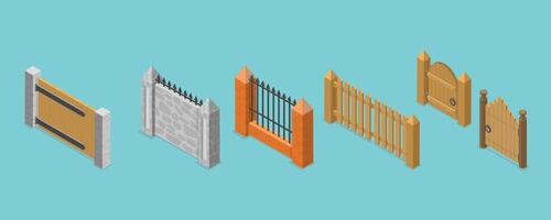 3D Isometric Flat Set of Terrace Fences and Gates, Architecture Eexterior Elements vector