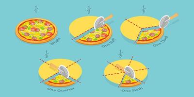 3D Isometric Flat Conceptual Illustration of Mathematics for Kids, Cut Pizza Fractions vector