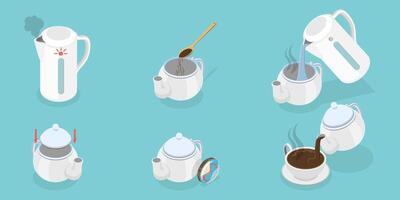 3D Isometric Flat Conceptual Illustration of Brewing Leaf Tea, Guidelines How to Make Hot Drink vector