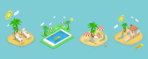 3D Isometric Flat Set of Summer Beach Set, Tropical Islands and Swimming Pool vector