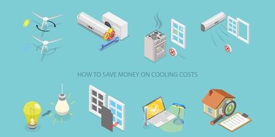 3D Isometric Flat Conceptual Illustration of Energy saving tips, Low Your Utility Costs vector